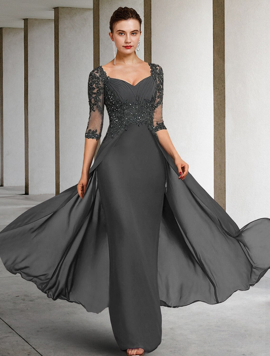 Elegant sheath mother gown with square neck and 3/4 sleeves.