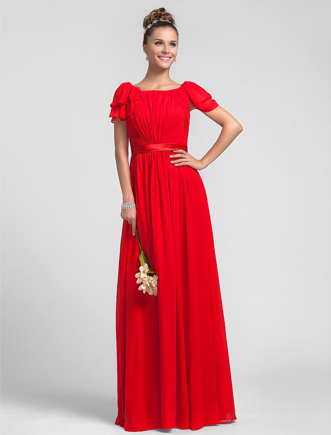 Elegant chiffon sheath bridesmaid dress with square neck and side draping.
