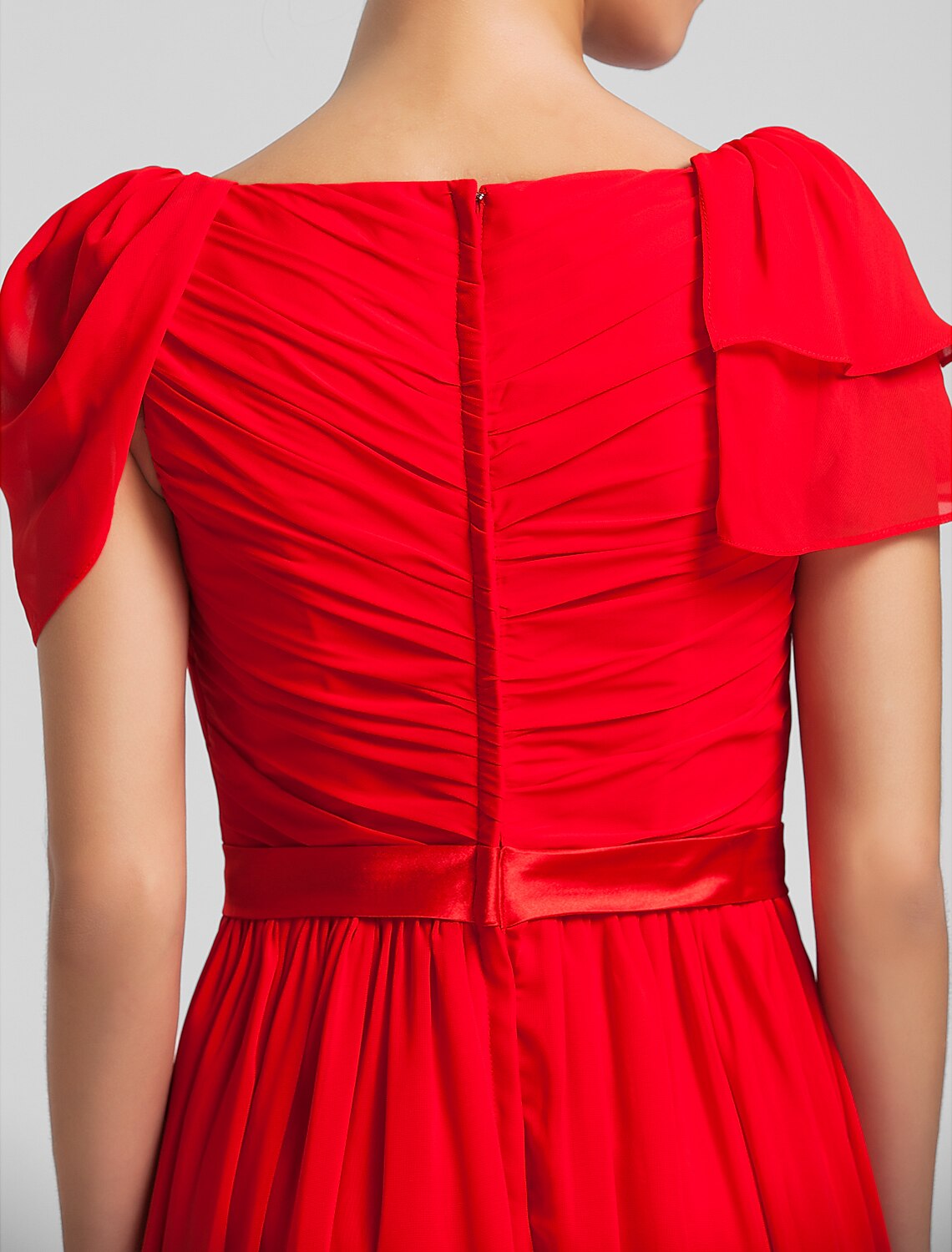 Model wearing a square neck chiffon bridesmaid gown.