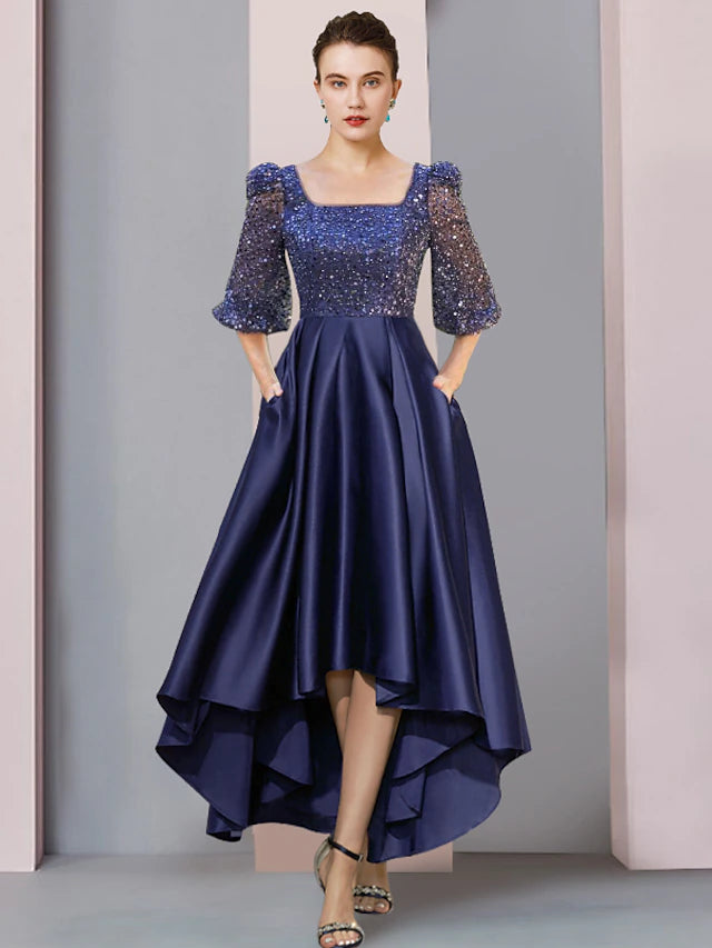 Elegant mother of the bride dress with square neck and half sleeves.
