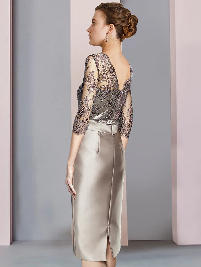 Knee-length satin lace dress with delicate ruching and bow accents.