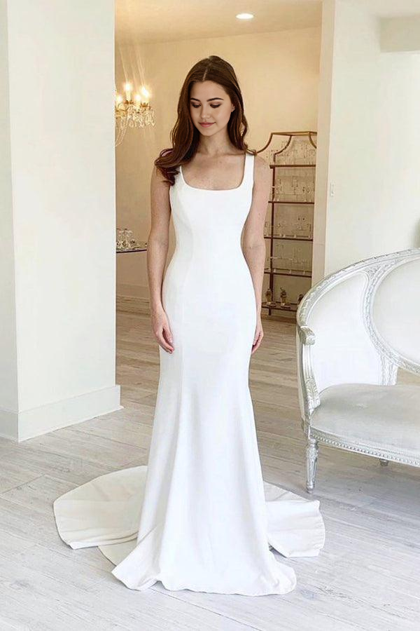 Elegant sheath wedding dress with a square neckline.