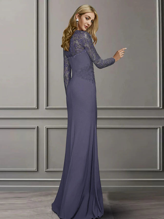 Back view of a sophisticated Mother of the Bride gown featuring a sweep train and delicate appliques.