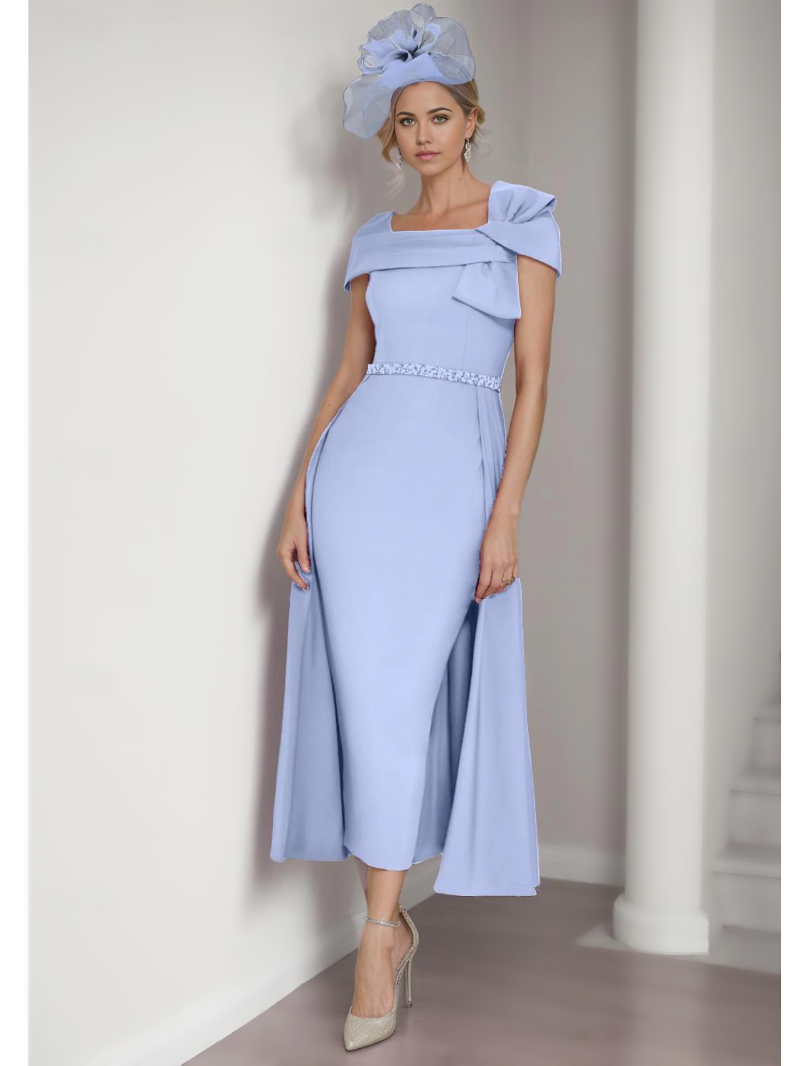 Back view of the tea length Mother of the Bride dress, showing solid color.
