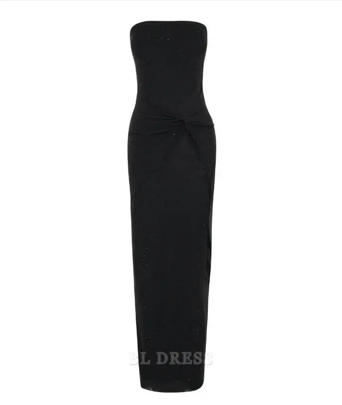 Back view of a woman in a black strapless sheath formal gown.