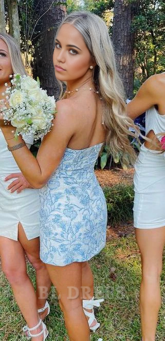 Full view of a blue strapless evening dress.