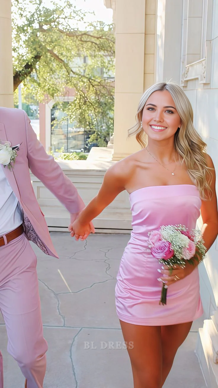 Elegant pink strapless bodycon mini dress.