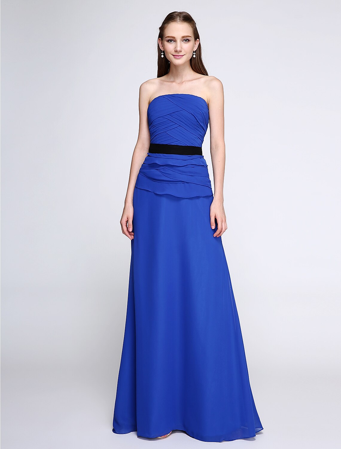 Model wearing an elegant strapless chiffon sheath bridesmaid dress.