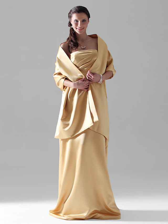 Elegant strapless sheath satin bridesmaid dress with side draping, front view.
