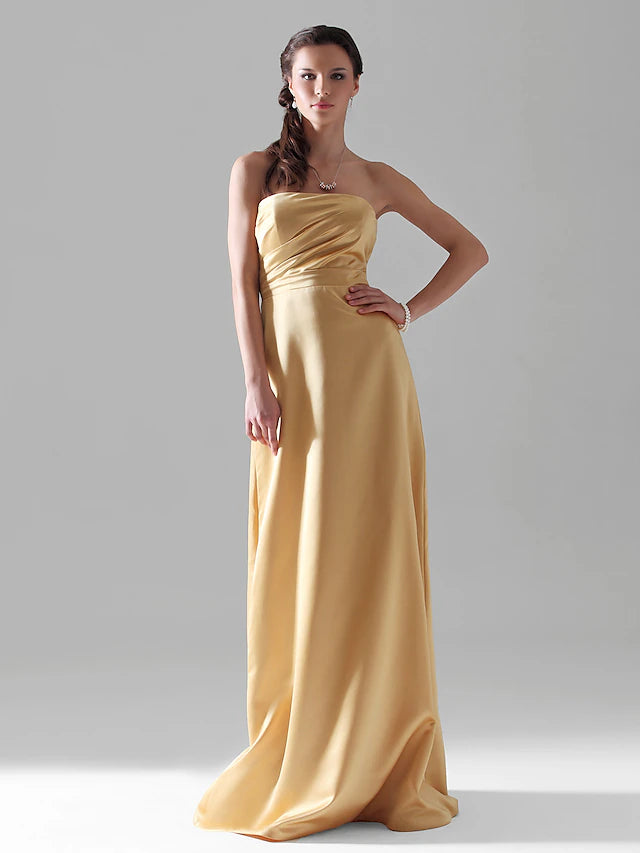 Side profile of the sheath satin dress, highlighting the floor length and draping.