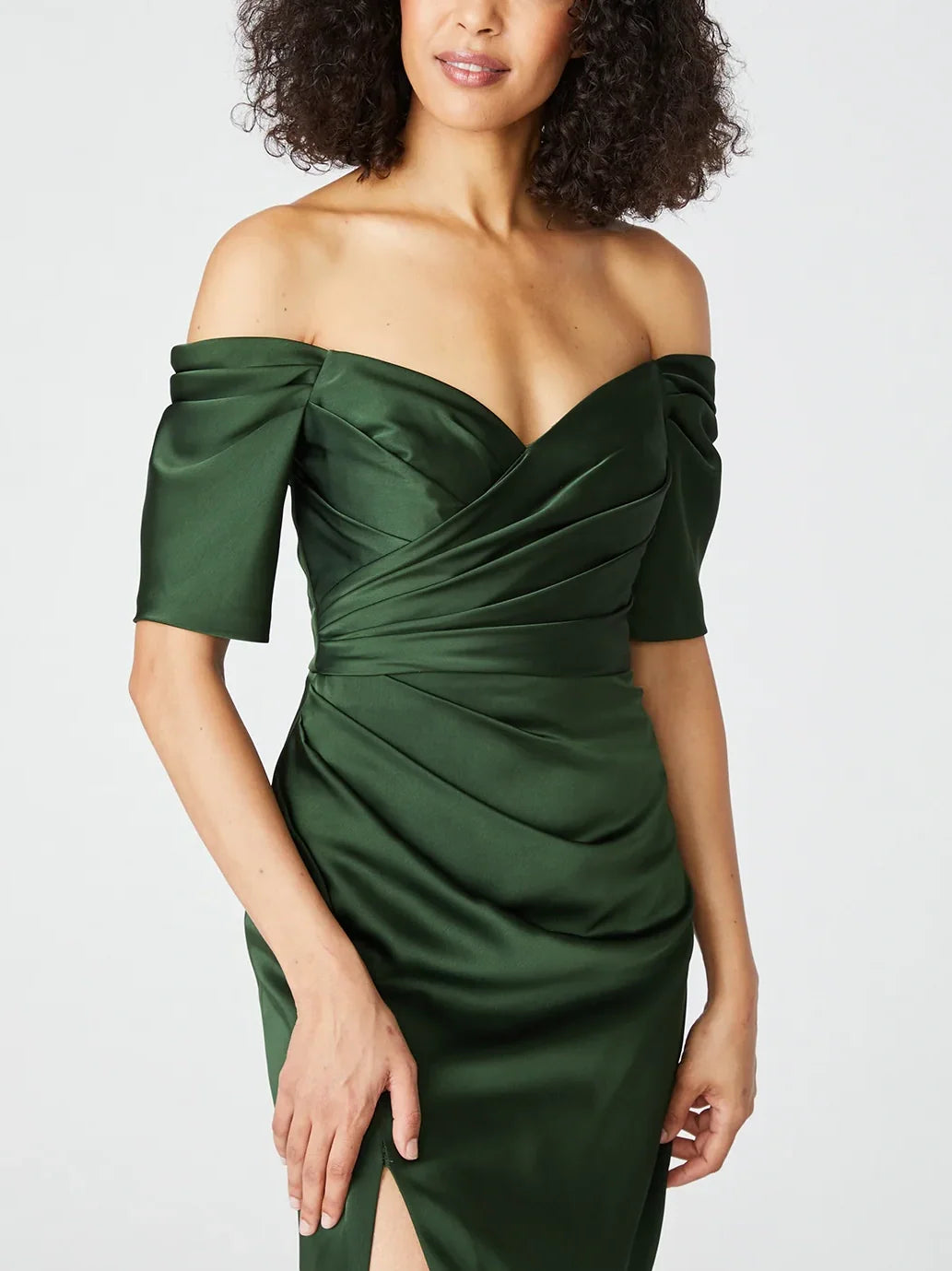 Close-up of the bodice and fabric of the strapless sheath dress.