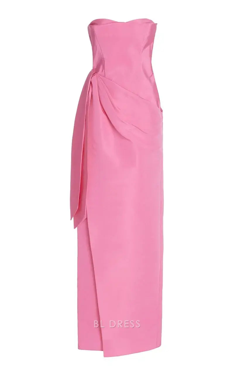 Elegant pink strapless floor-length sheath dress.