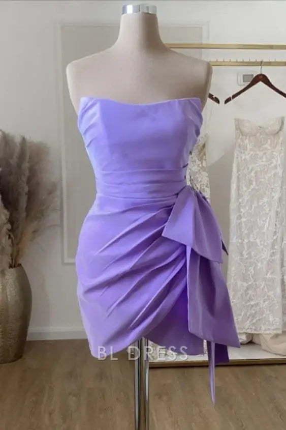 Elegant lavender strapless satin mini sheath dress.