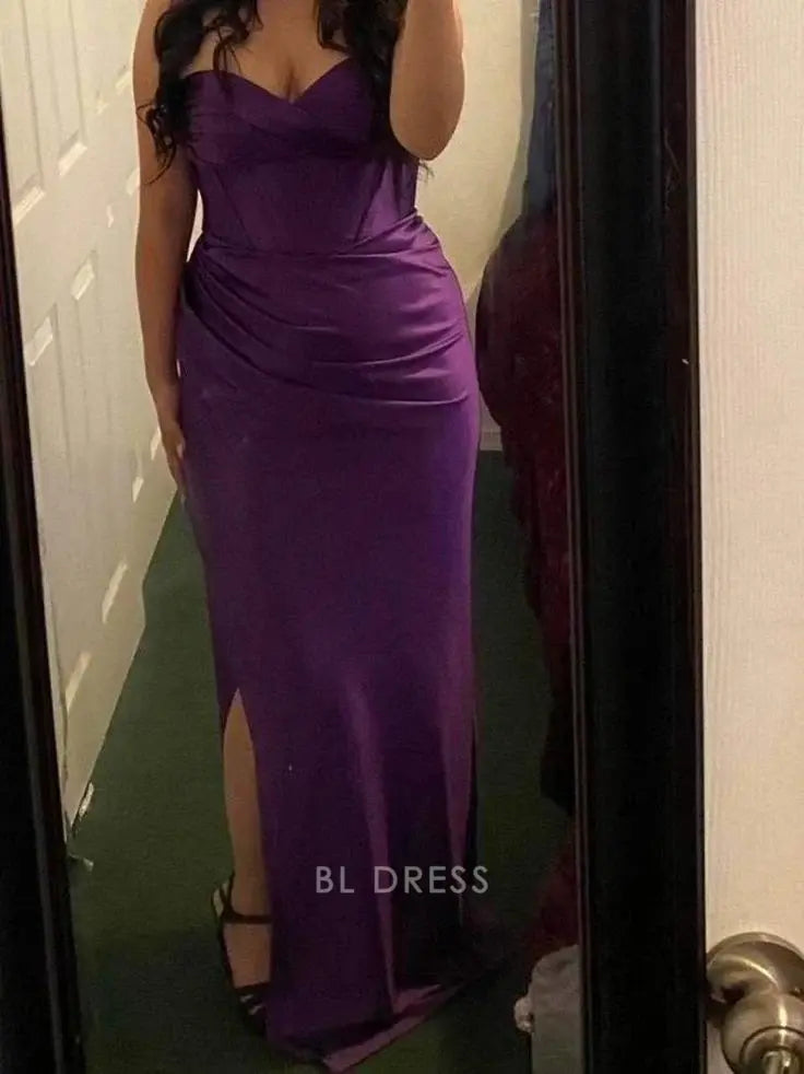 Elegant purple strapless sheath satin dress with a high slit.