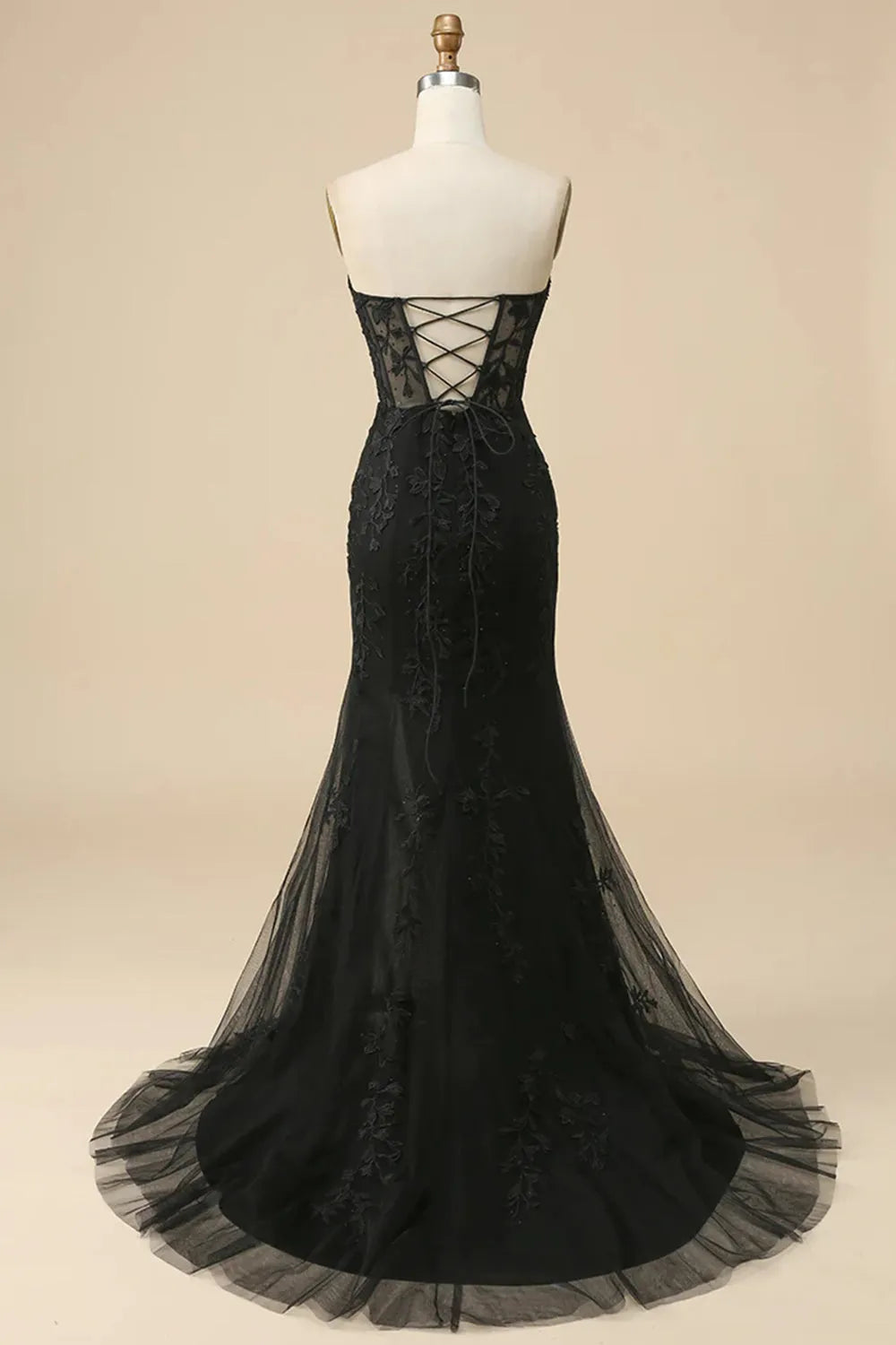 Front view of the dark blue prom dress, focusing on the elegant silhouette.