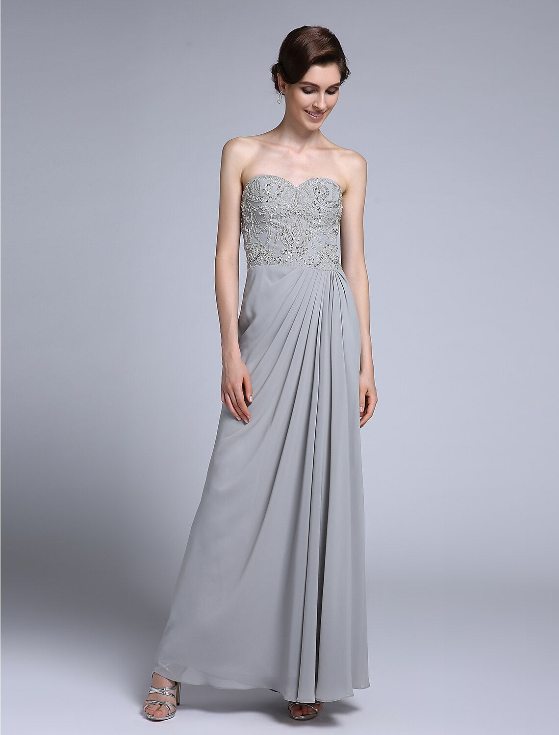 Back view of the ankle-length chiffon Mother of the Bride dress.