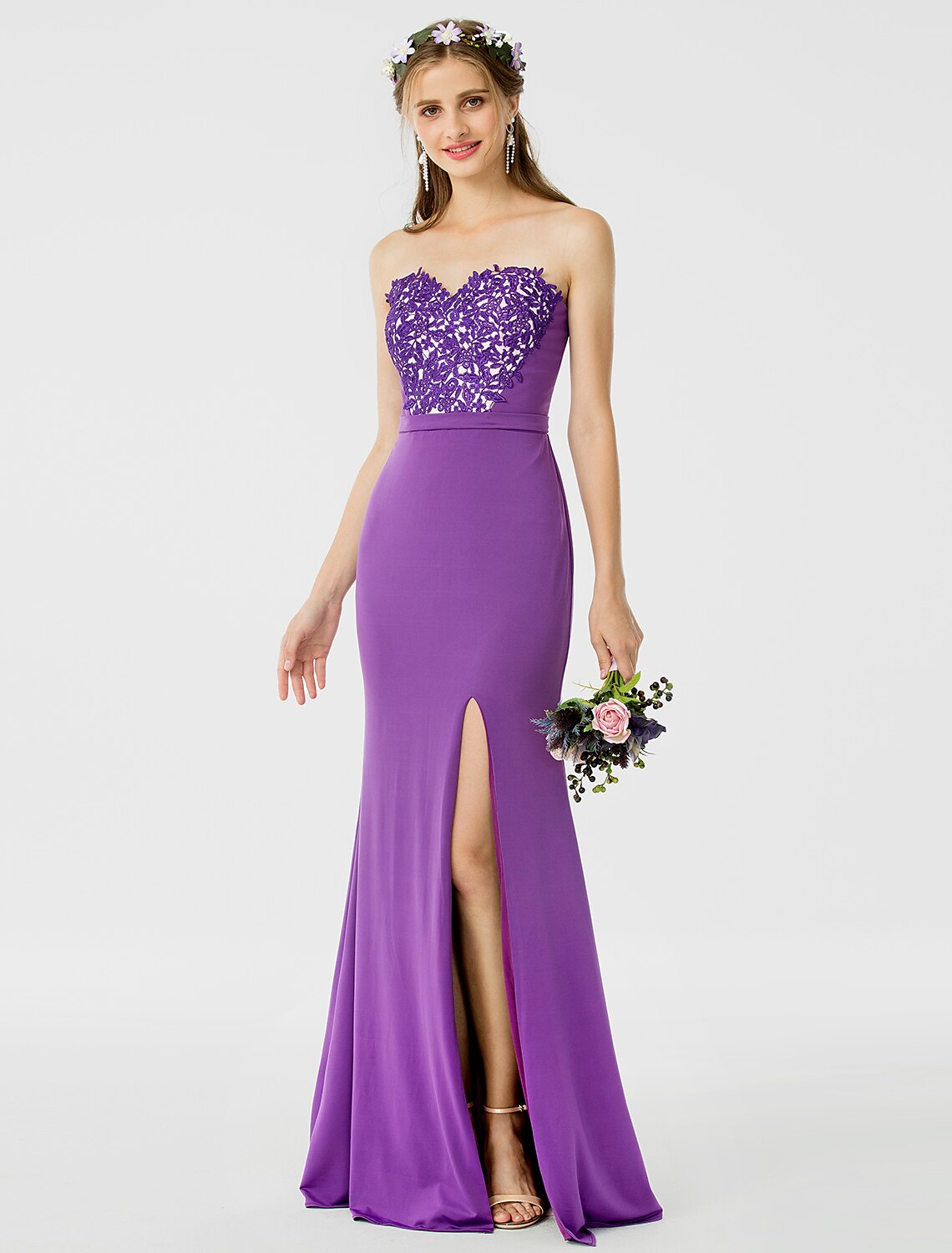 Full-length view of the elegant sheath sweetheart bridesmaid dress with lace appliques.