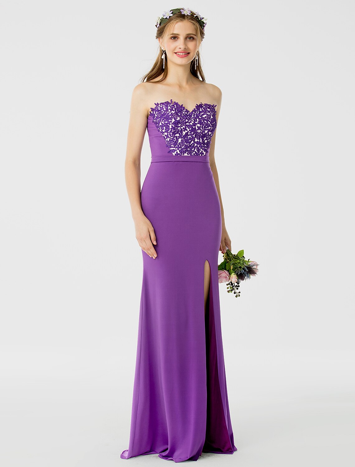 Another full-length view of the sheath bridesmaid dress, showing its overall flow.