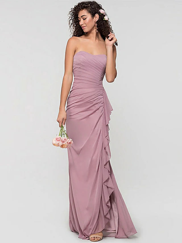 Elegant sheath bridesmaid dress with sweetheart neckline, ruffled details, and a split front.