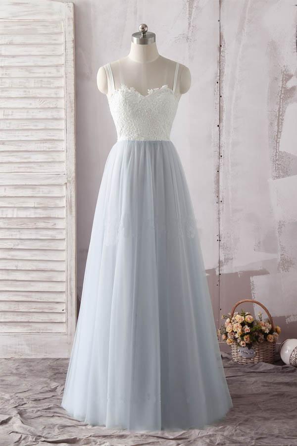 Elegant sweetheart lace tulle prom dress with spaghetti straps.