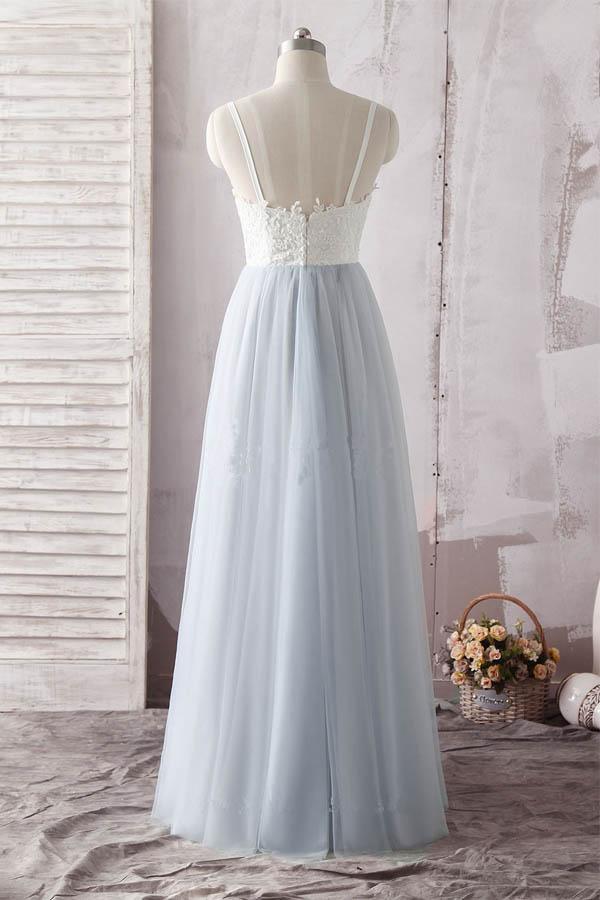 Back view of the ankle-length lace and tulle prom dress.