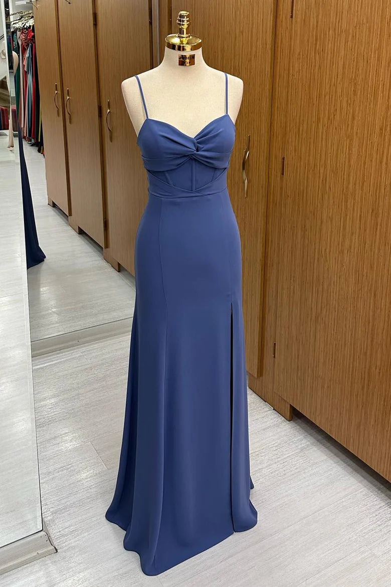 Navy sheath dress with twist-front detail and spaghetti straps.