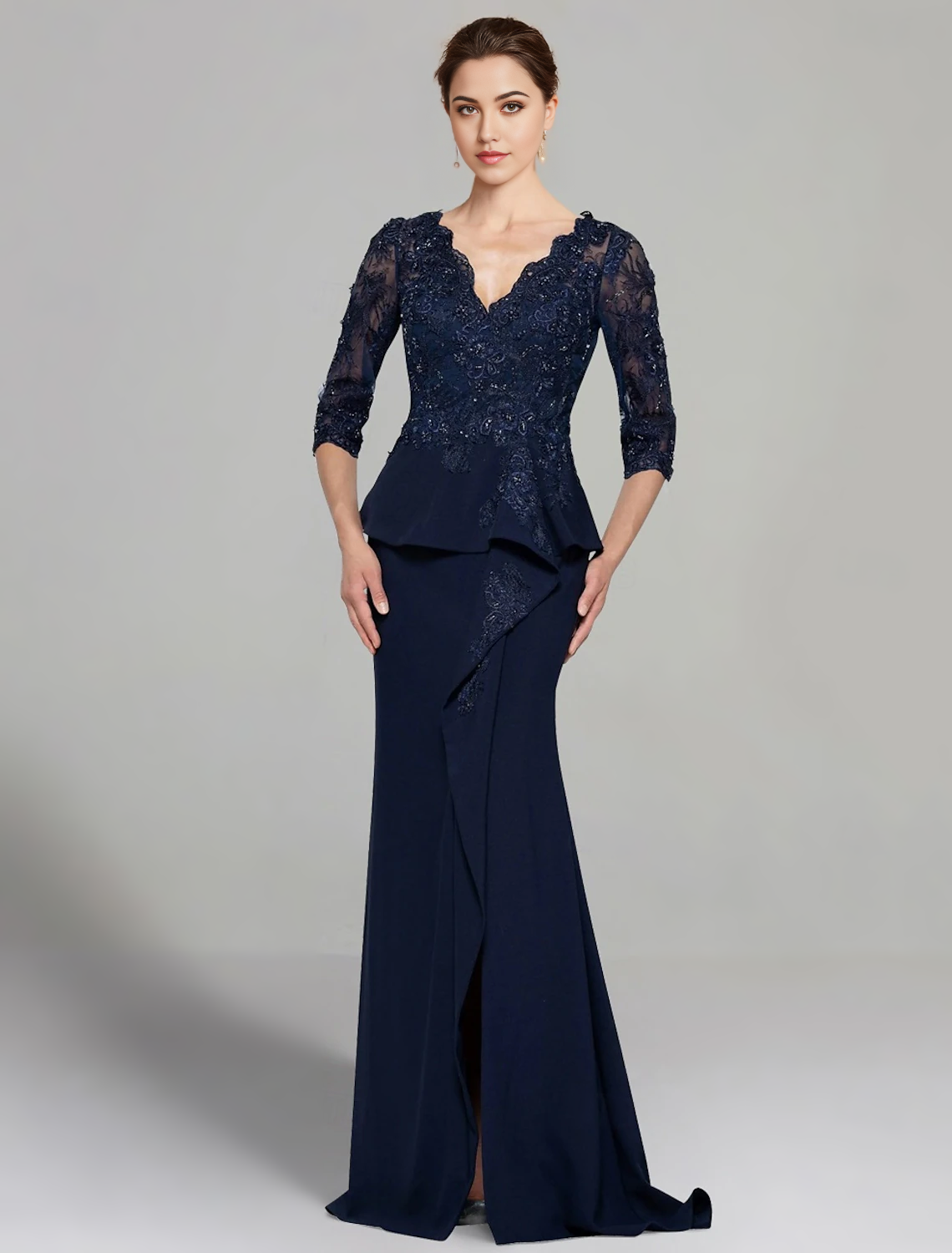 Elegant solid color sheath Mother of the Bride dress with V-neck and 3/4 sleeves.