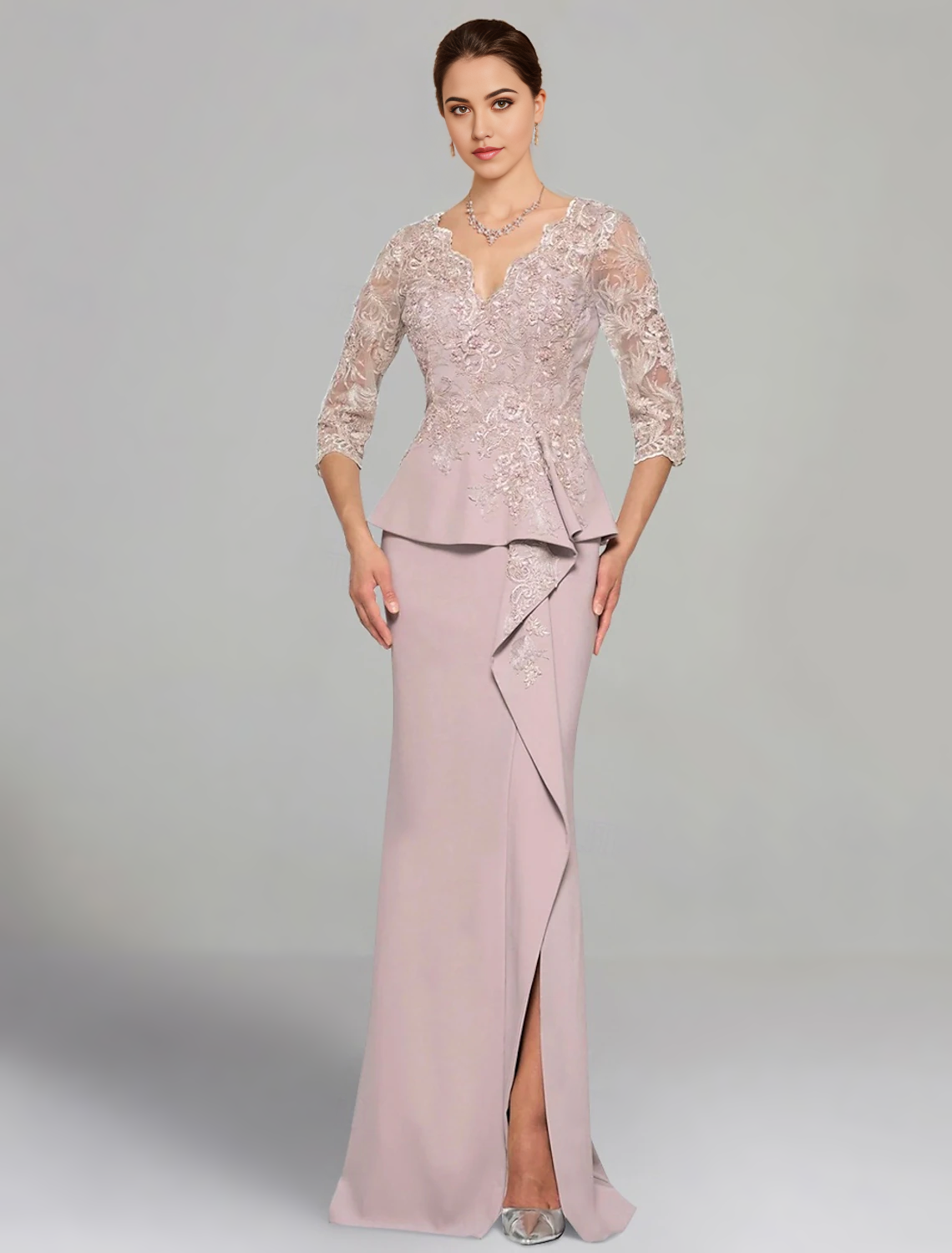 Front view of a V-neck Mother of the Bride gown in stretch chiffon.