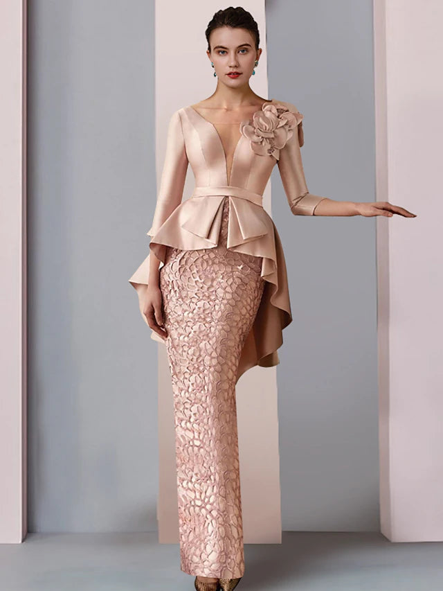 Elegant V-neck sheath mother of the bride dress with 3/4 lace sleeves.