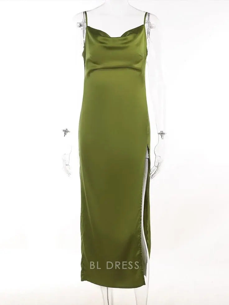 Woman wearing an elegant green V-neck backless sheath formal dress.