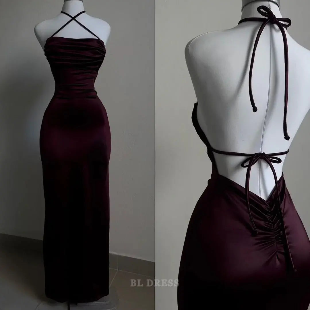 Elegant wine red sheath dress with V-neck and backless design.