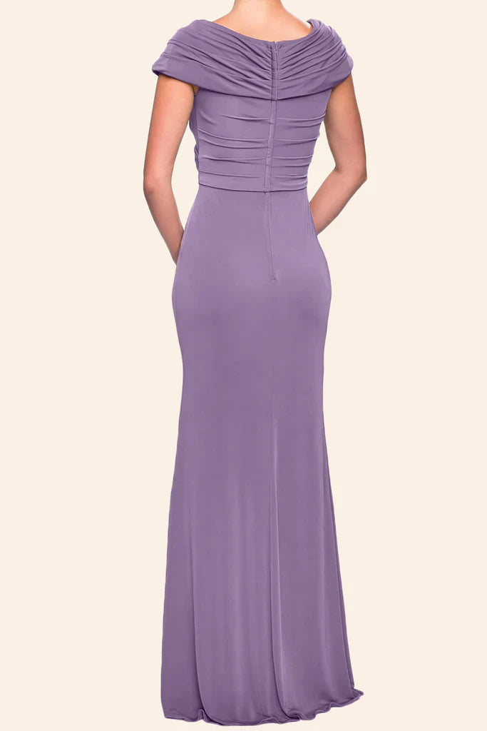 Model showcasing the elegant V-neck cap sleeve long dress.
