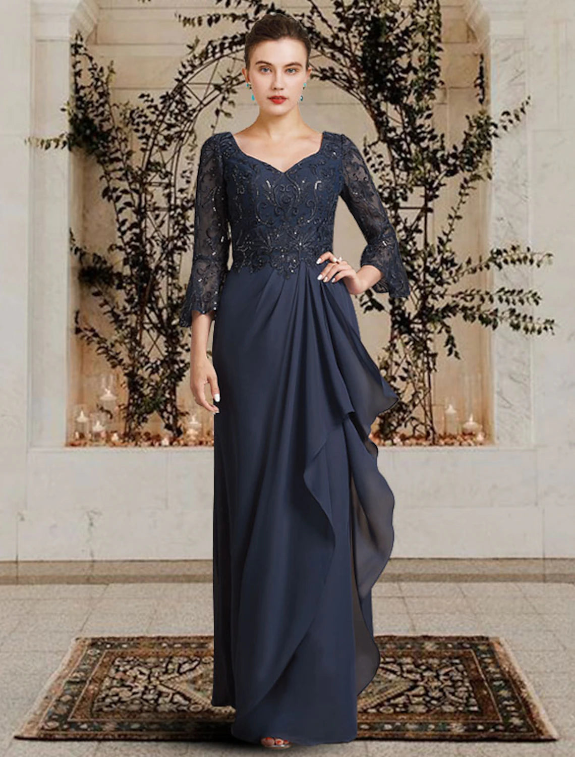 Elegant Sheath Mother of the Bride Dress with V-neck and 3/4 sleeves.