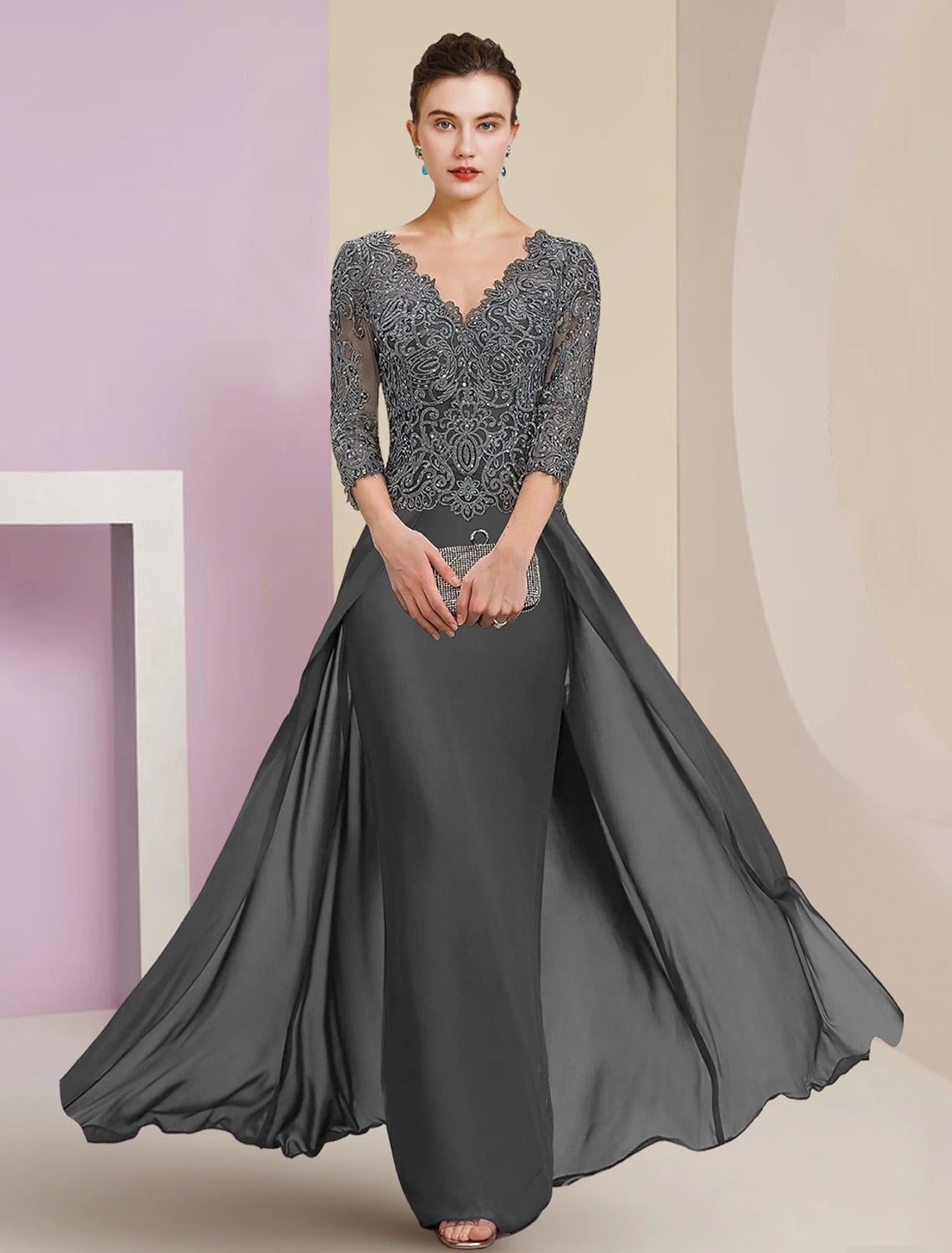 Elegant sheath Mother of the Bride dress with V-neck and 3/4 sleeves, front view.