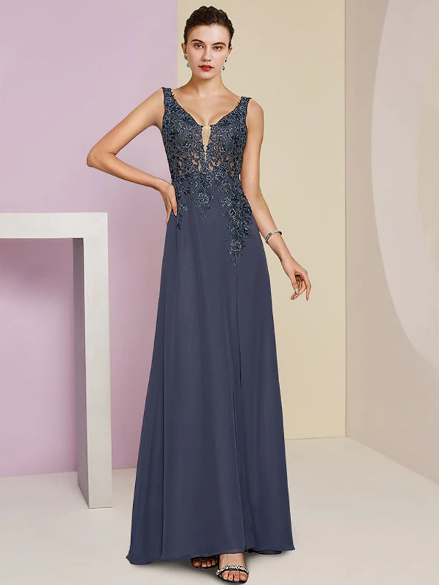 Elegant V-neck Sheath Mother of the Bride dress with lace and sequin details.