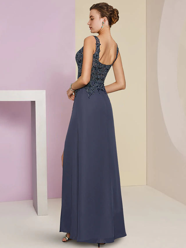 Close-up of the V-neckline, intricate lace, and shimmering sequin embellishments.