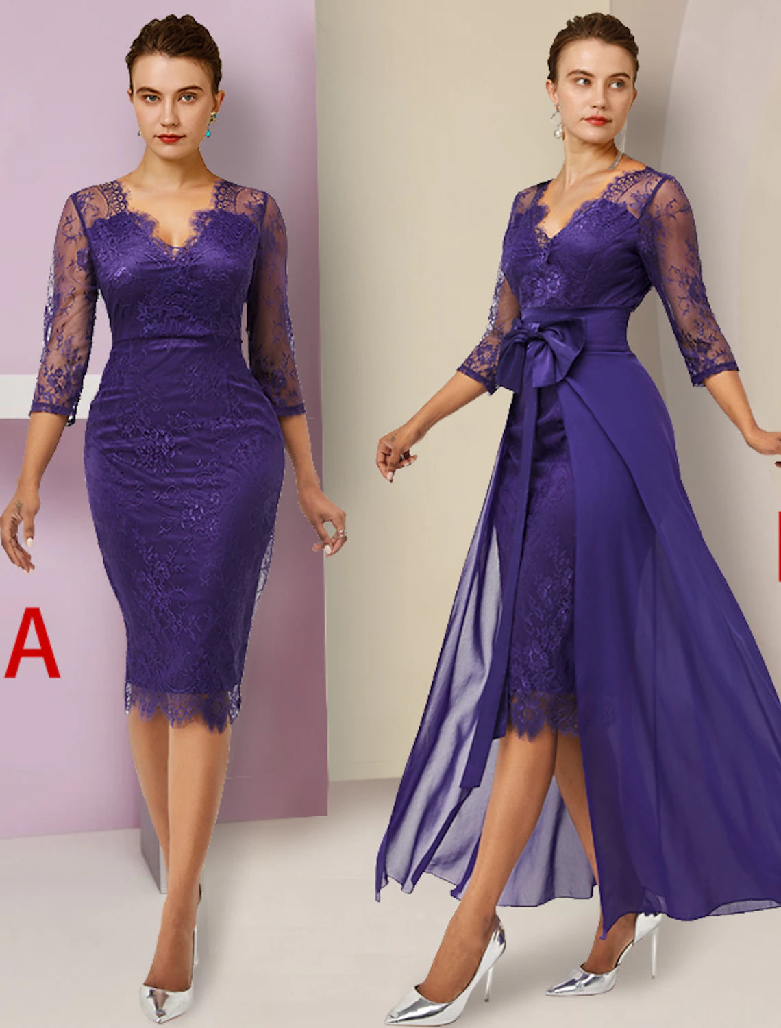 Close-up of the lace V-neck top with 3/4 length sleeves on the two-piece dress.