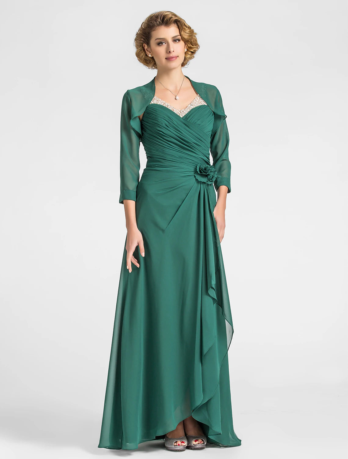 Elegant sheath V-neck chiffon Mother of the Bride dress with criss-cross beading and draping.