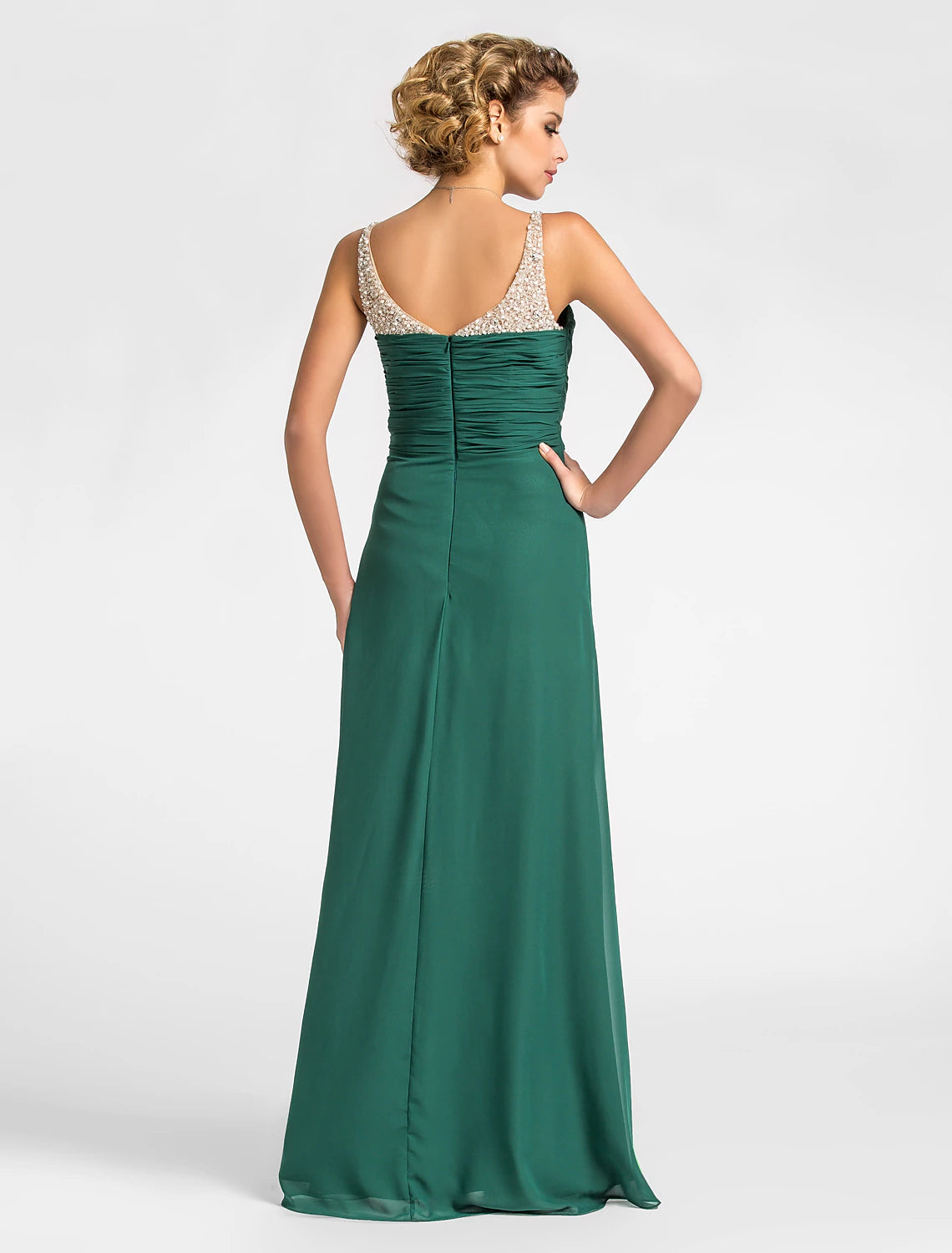 Side view of the elegant V-neck chiffon dress showing draping detail.