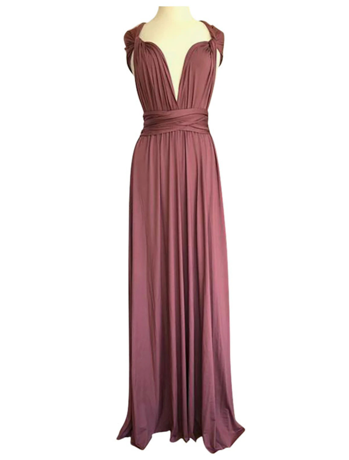 Elegant V-neck sheath bridesmaid dress with draping and ruching.