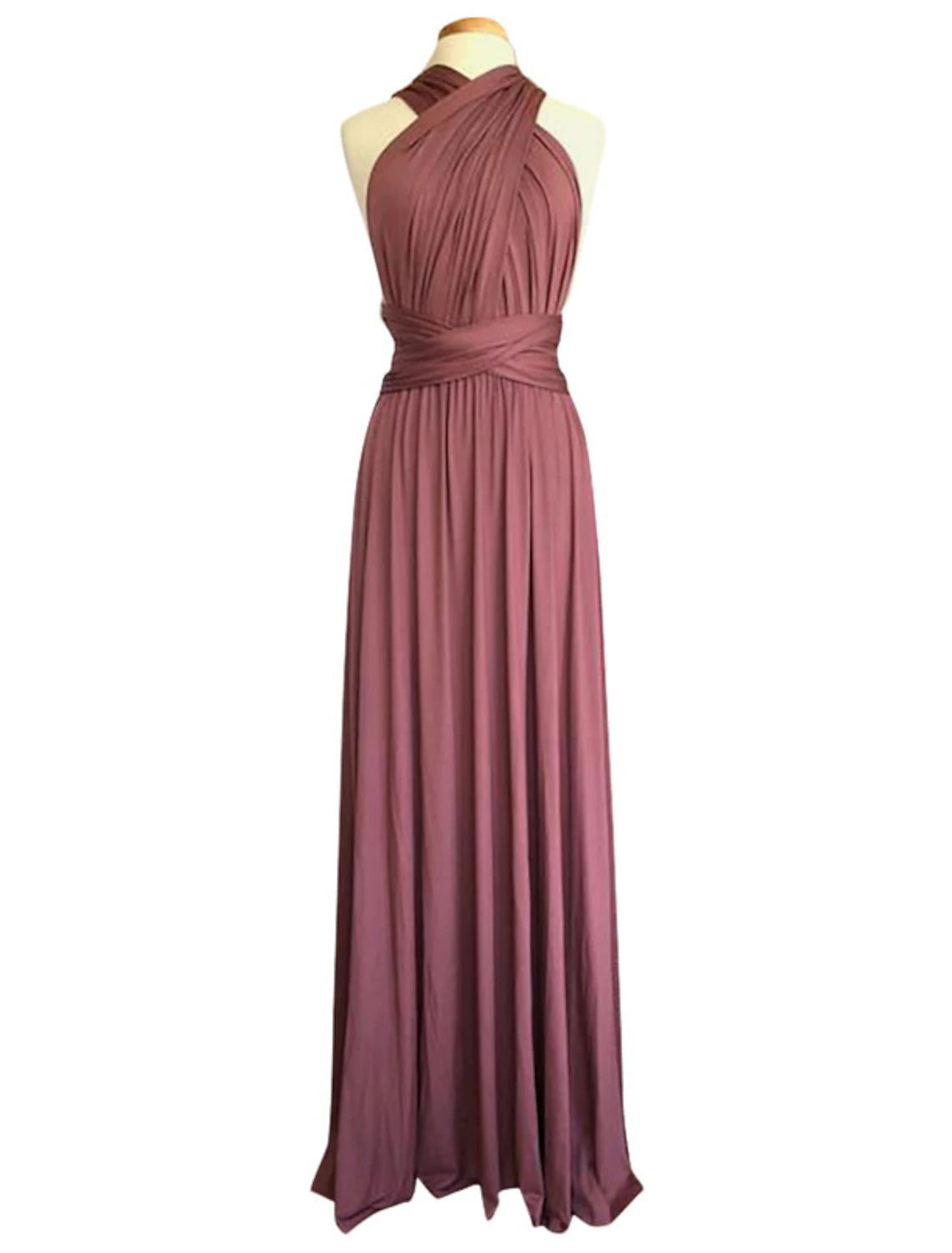 Back view of floor-length spandex bridesmaid gown.