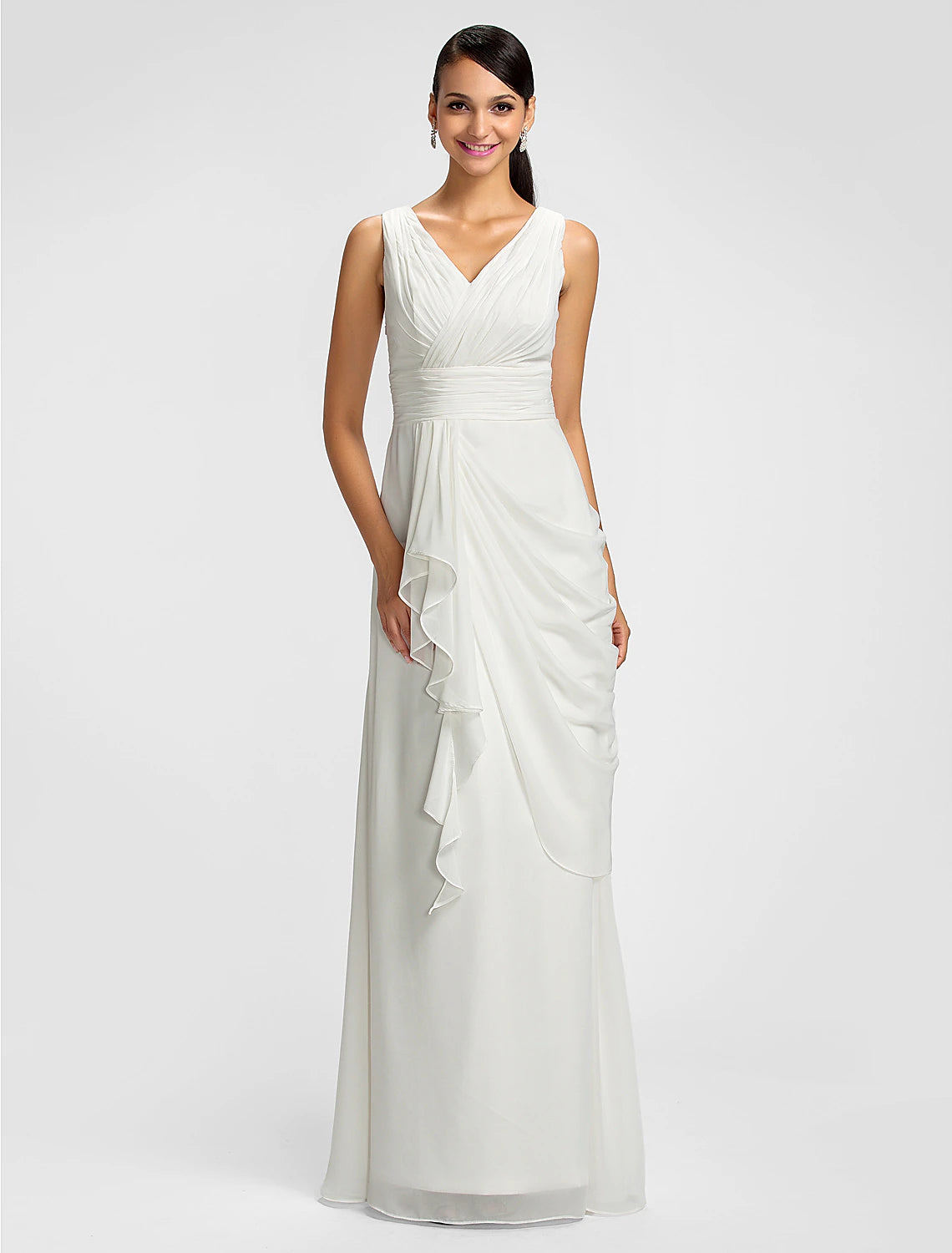 Woman wearing an elegant V-neck chiffon bridesmaid dress with draped sash.
