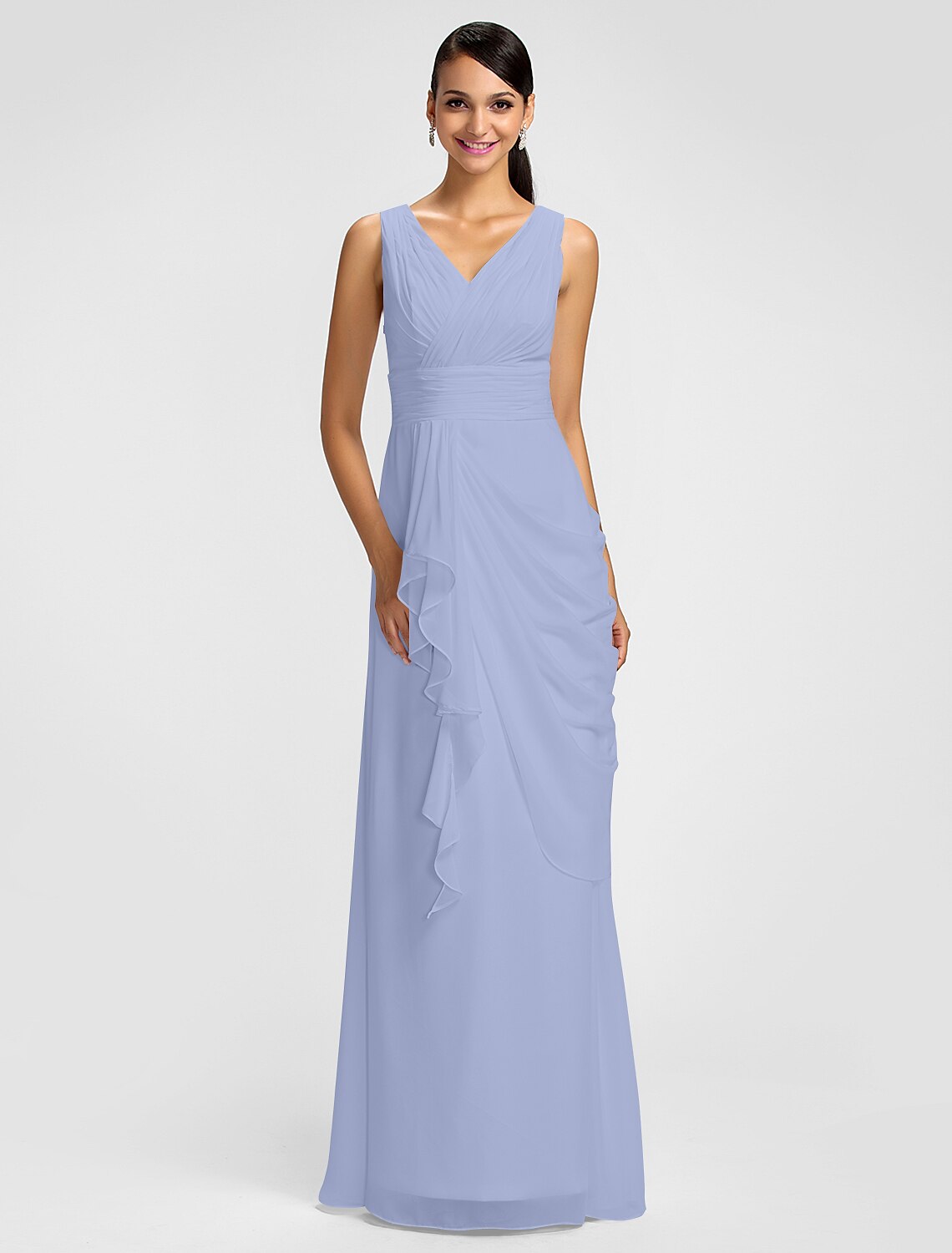 Side view of a V-neck bridesmaid gown in chiffon.