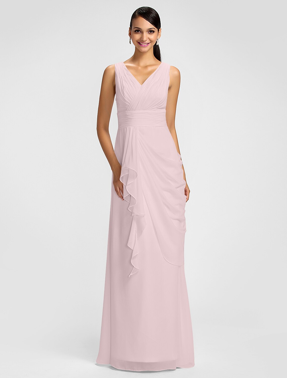 Close-up of the draped detailing on a chiffon dress.