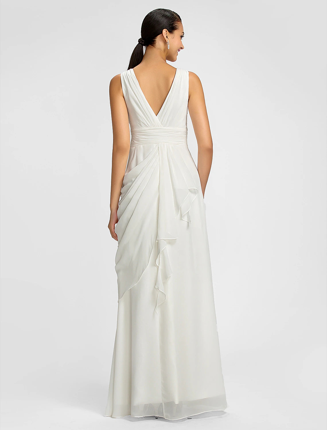 Back view of a floor-length sheath chiffon bridesmaid dress.