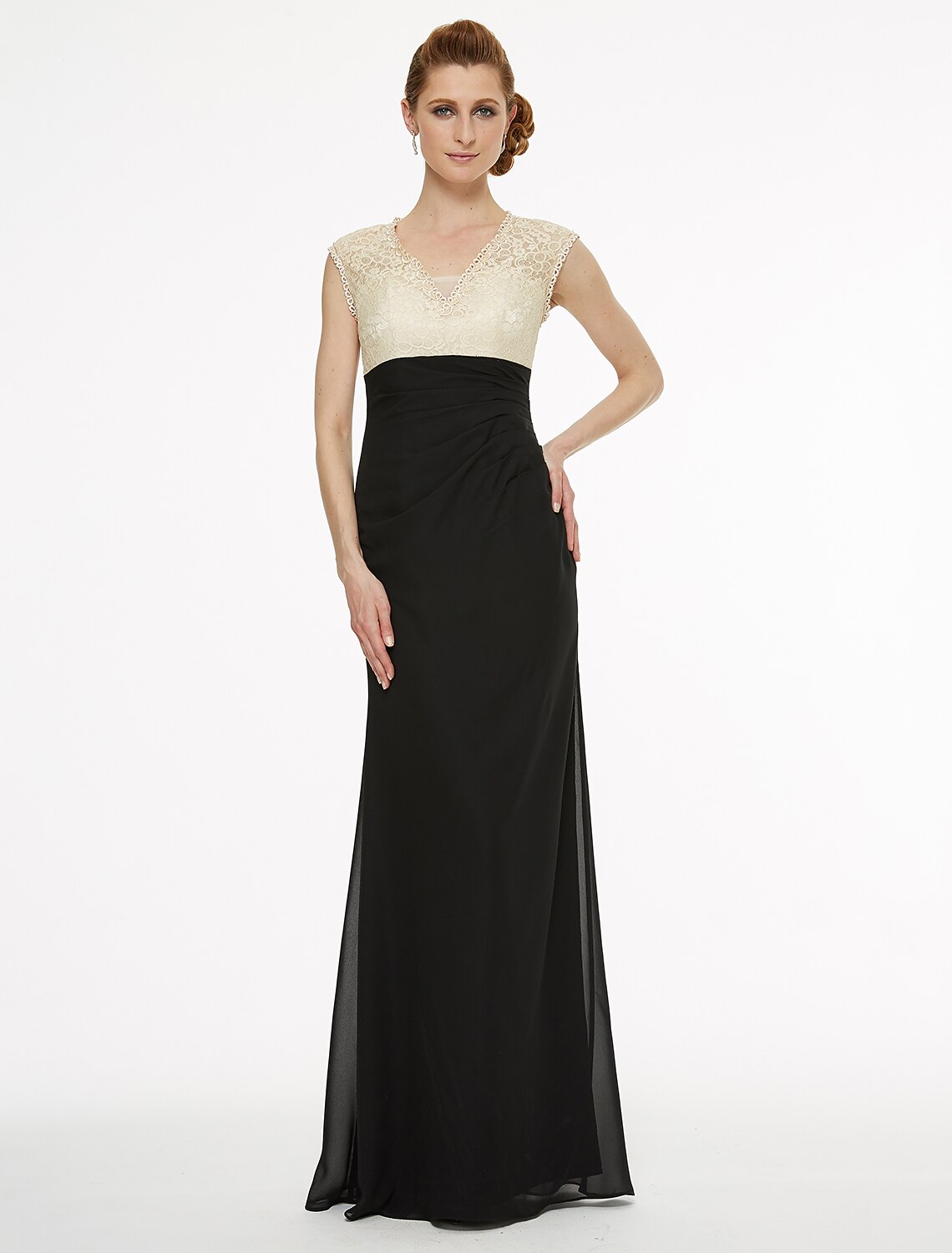 Elegant V-neck chiffon and lace mother of the bride dress.