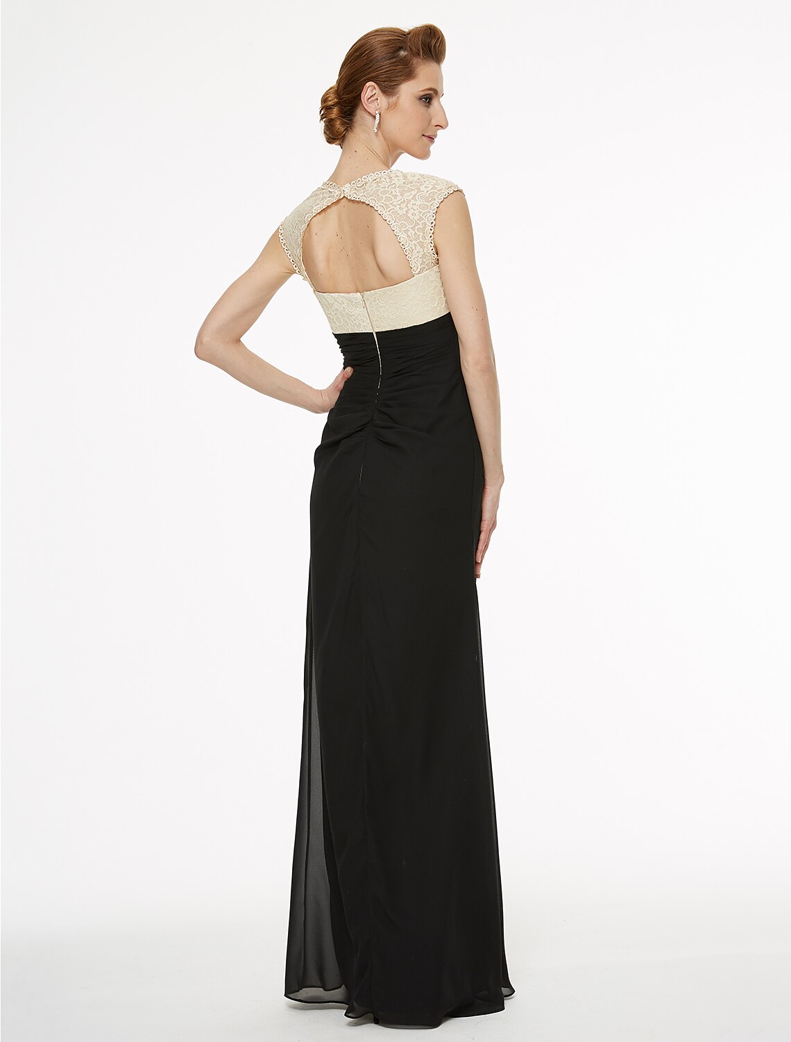 Side view of a floor-length V-neck mother of the bride gown.