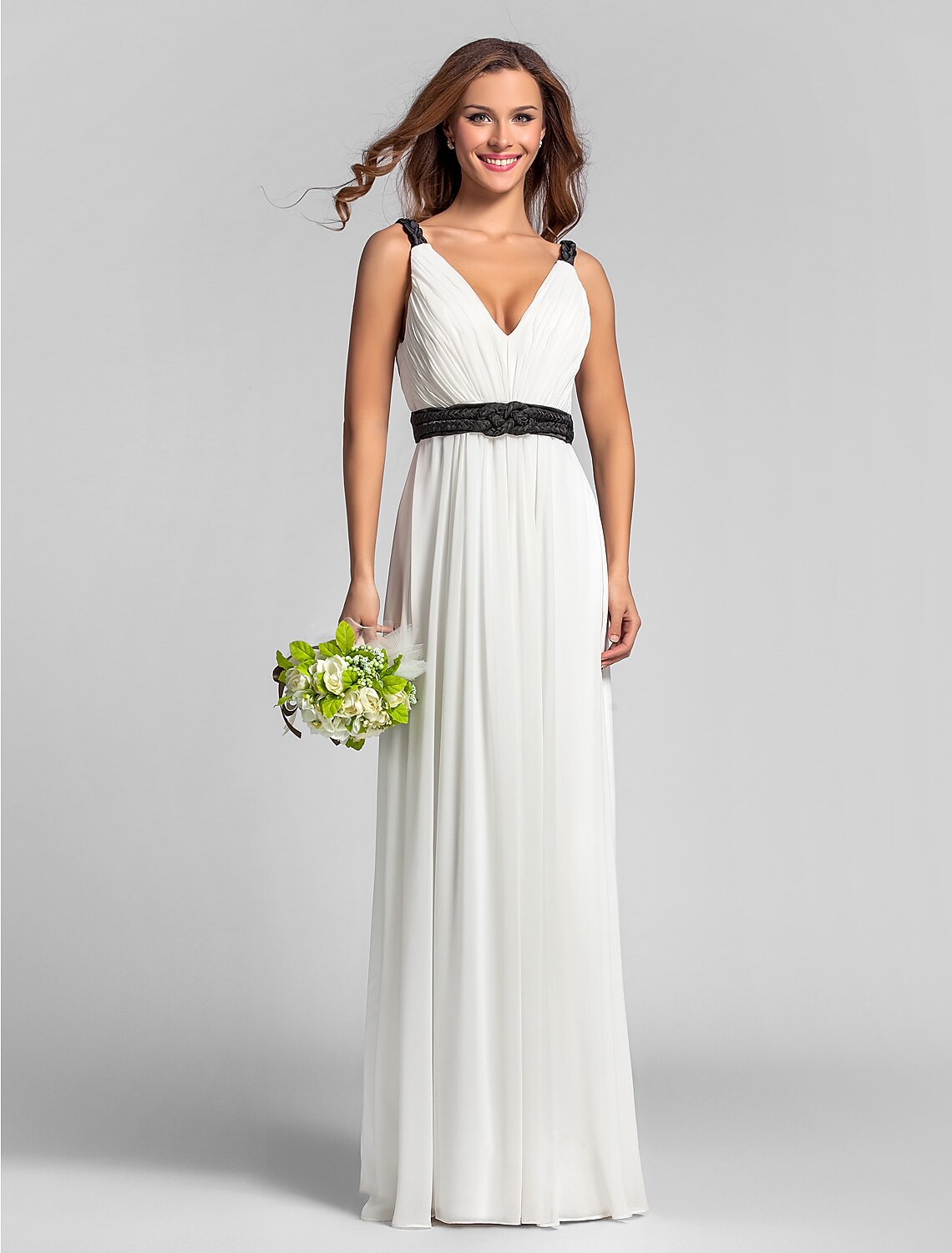 Elegant sheath V-neck georgette bridesmaid dress with a sash.