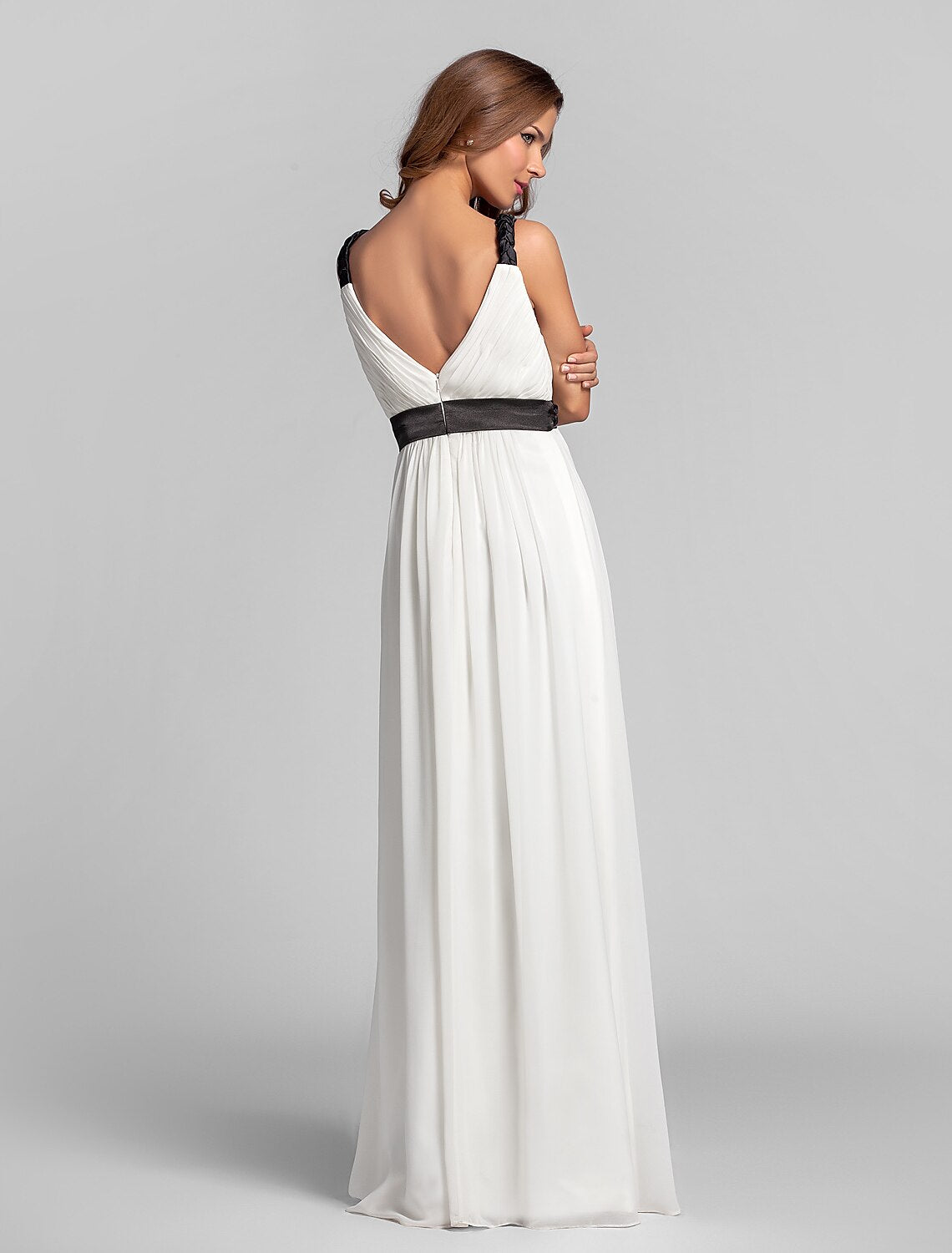 Back view of a flowing georgette bridesmaid dress.