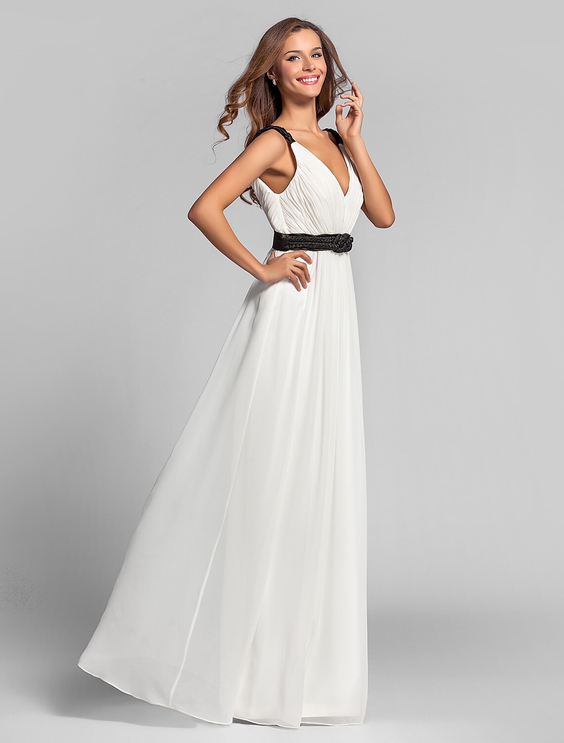 Bridesmaid dress with a ribbon accent.